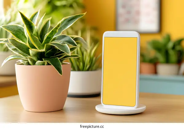 White Smartphone with Yellow Screen on a Wooden Table with Plants