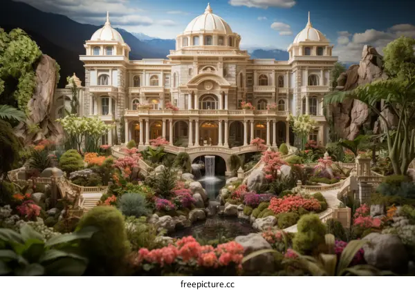 A magnificent palace with a beautiful garden