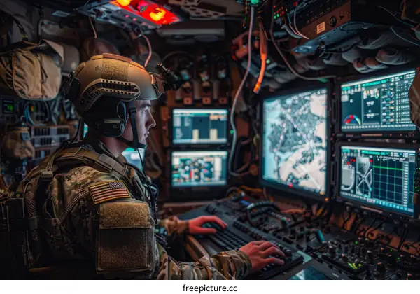 Soldier using a computer in a military vehicle