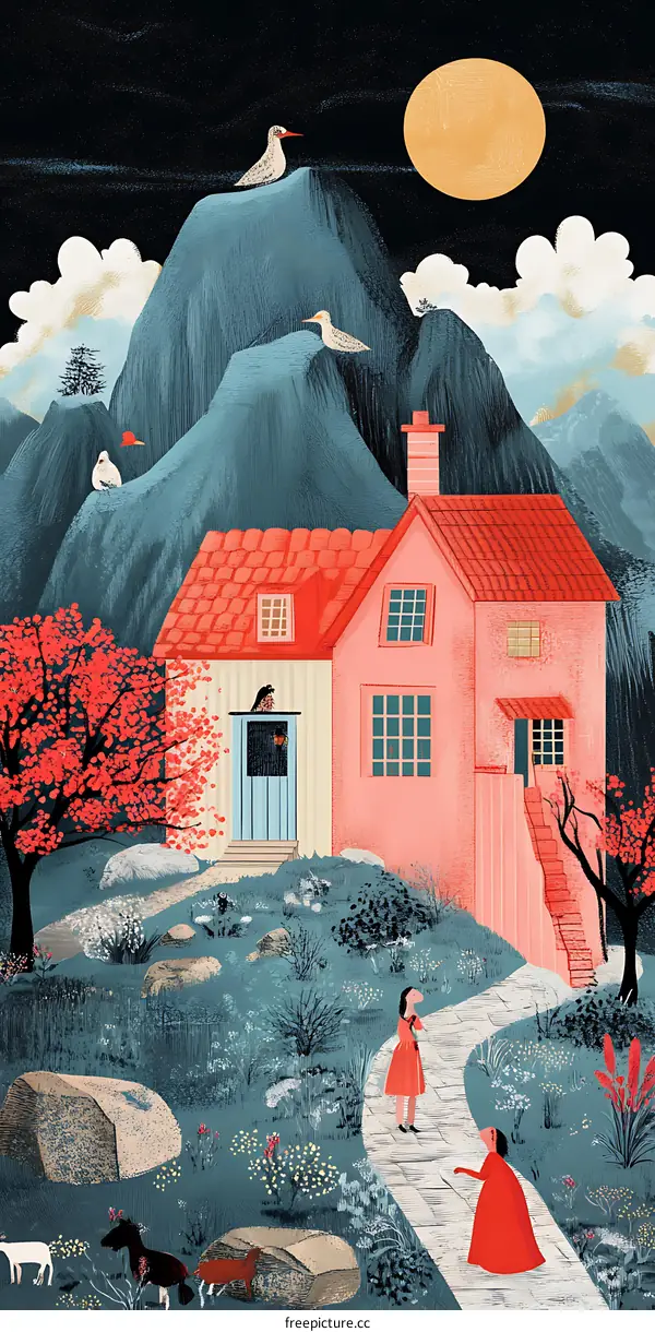 Illustrated Night Landscape with a House, Two Girls, and Birds