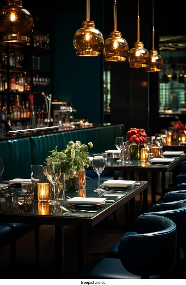 Elegant restaurant interior with deep green walls and gold accents