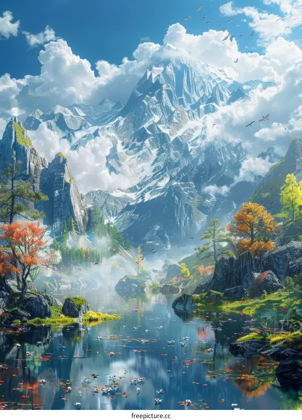 Majestic Mountain Lake Scenery Illustration