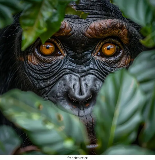 A female bonobo peers out from behind foliage in the jungle