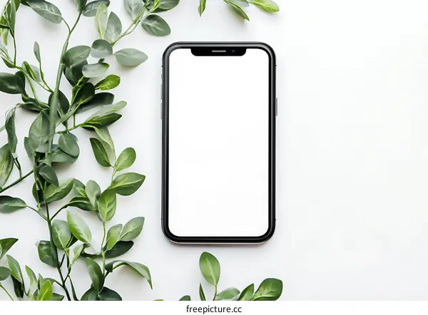 White Background Mockup with Green Leaves and Smartphone