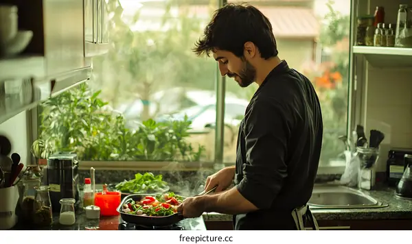 Man Cooking Vegetables in Kitchen with Window View