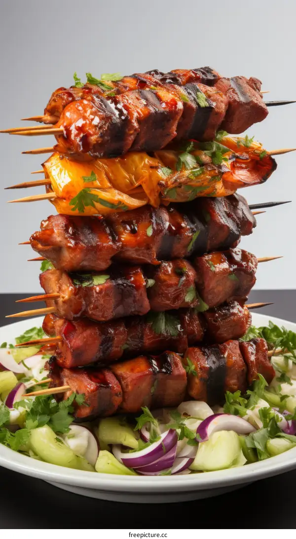 A stack of shish kebabs on a white plate
