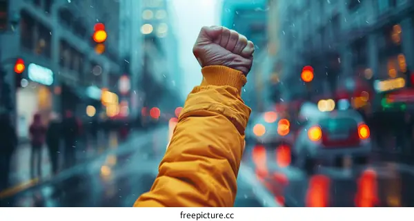 A protester holds their fist in the air in front of a busy city street.