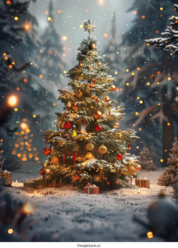 Illuminated Christmas Tree in a Snowy Forest