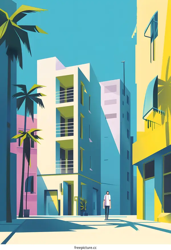 Modern City Street Illustration With Palm Trees and Blue Sky