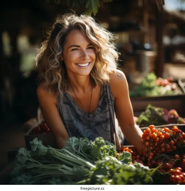 Portrait of a smiling woman at a farmer's market