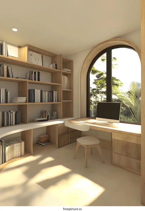 Modern Home Office Design with Arched Window and Built In Bookshelf