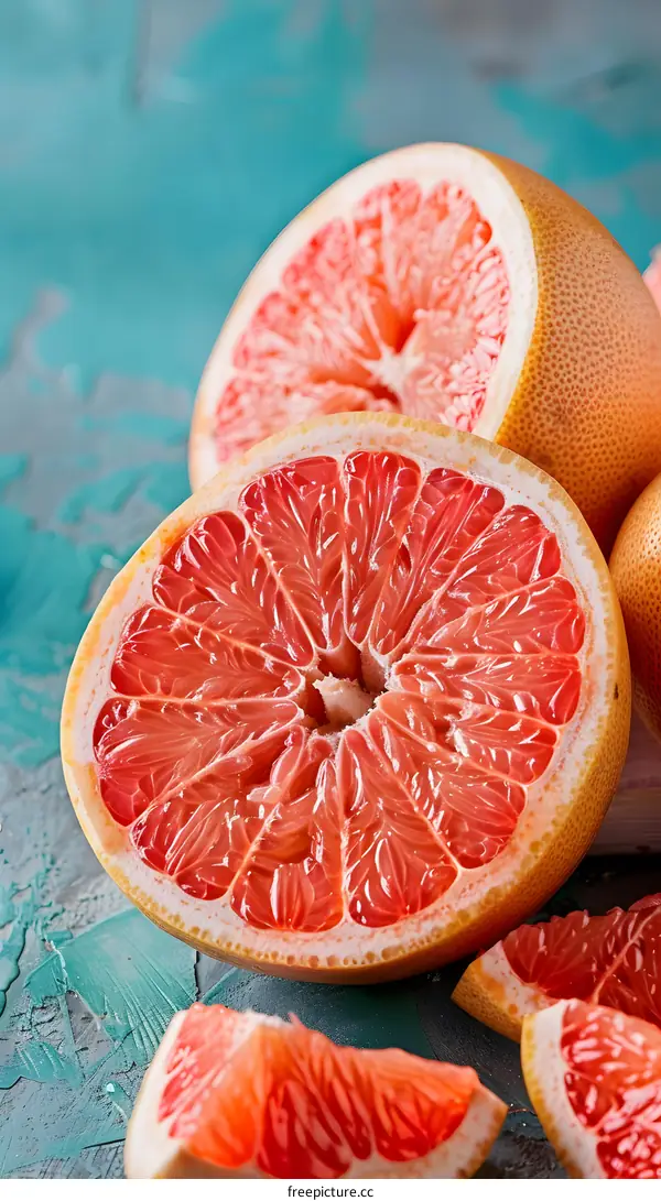 Fresh Pink Grapefruit Slices on Teal Background