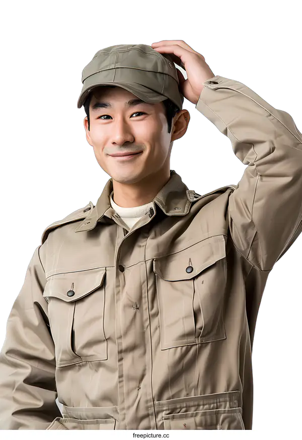 [Transparent Background PNG]Smiling Asian man in workwear touching his cap