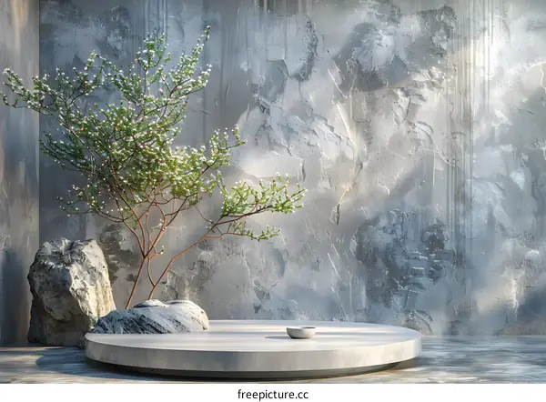 A cherry blossom tree and a round platform in an empty concrete room