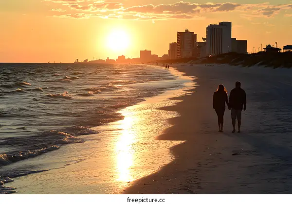 Couple Walking on Beach at Sunset with City Skyline in the Background