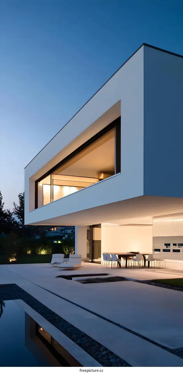 Modern Minimalist Architecture House With Pool And Patio At Night