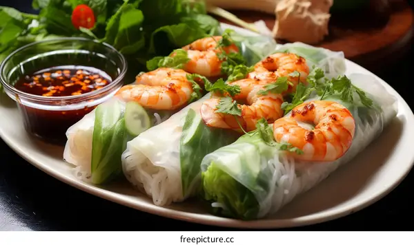 Fresh and healthy Vietnamese summer rolls with vegetables and shrimp