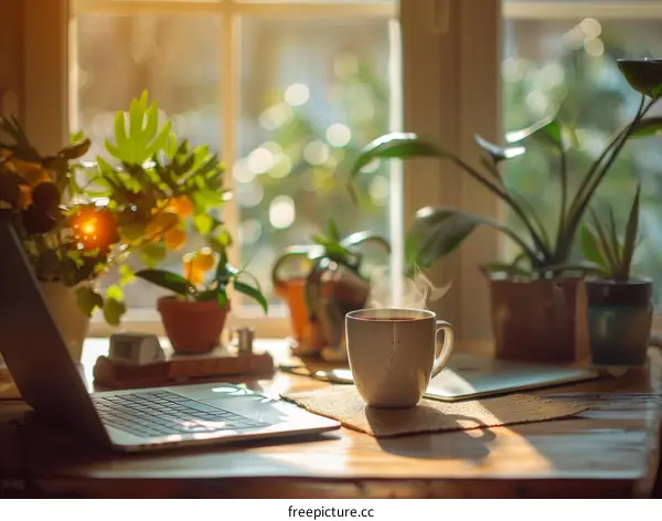 Cozy Workspace with Laptop, Coffee, and Plants