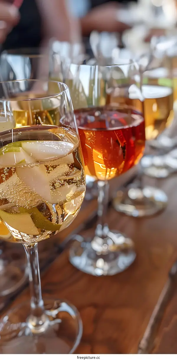 Closeup of Sparkling Wine Glasses with Pear Slices