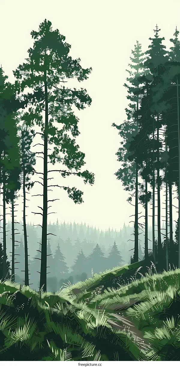 Green Forest Landscape Illustration with Trees and Path