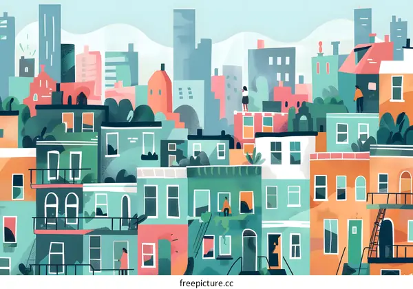 Colorful Illustration of City Buildings with People on Rooftops