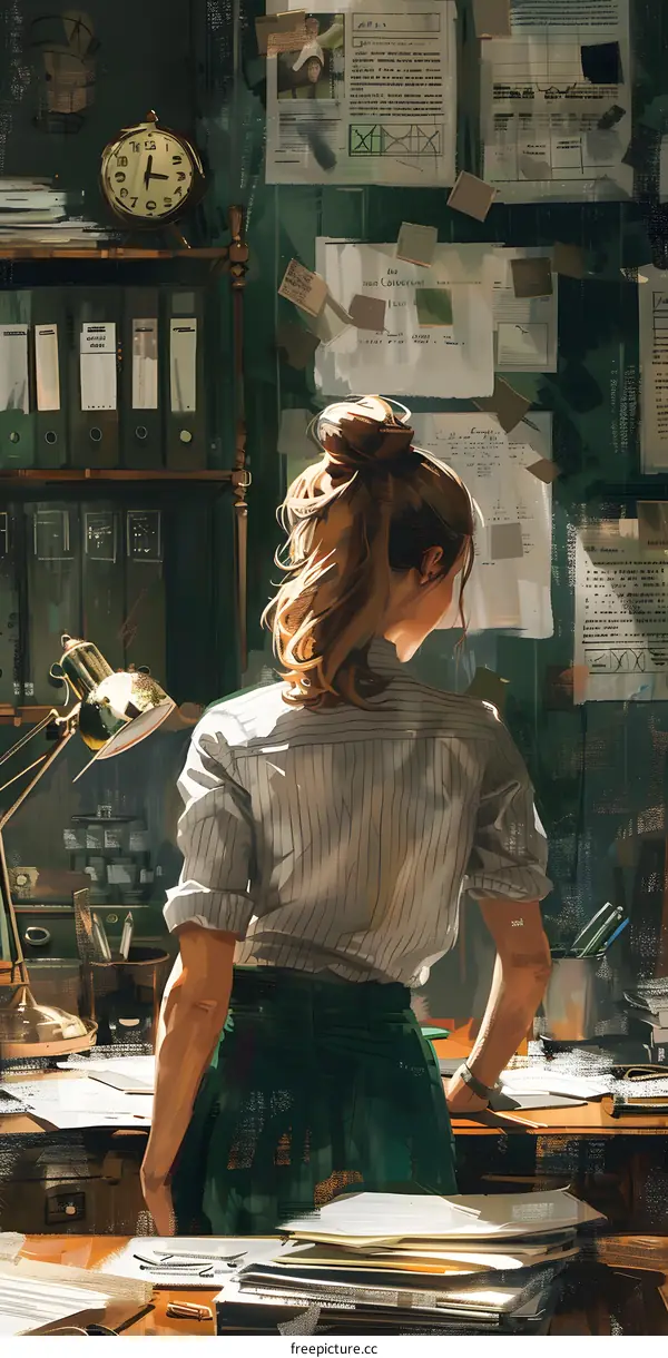 Woman in a Striped Shirt Standing in an Office Looking at Documents