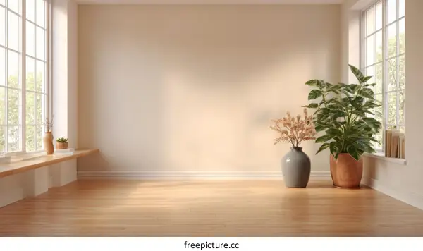 Empty Room Interior Design with Plants and Sunlight