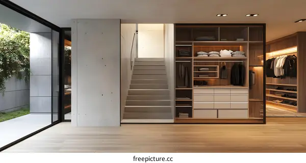 Modern Minimalist Walk in Closet with Concrete Walls and Wooden Shelves