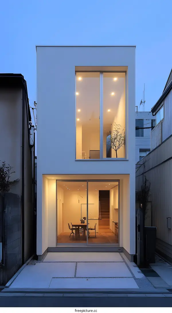 Modern Minimalist White House with Large Windows at Dusk