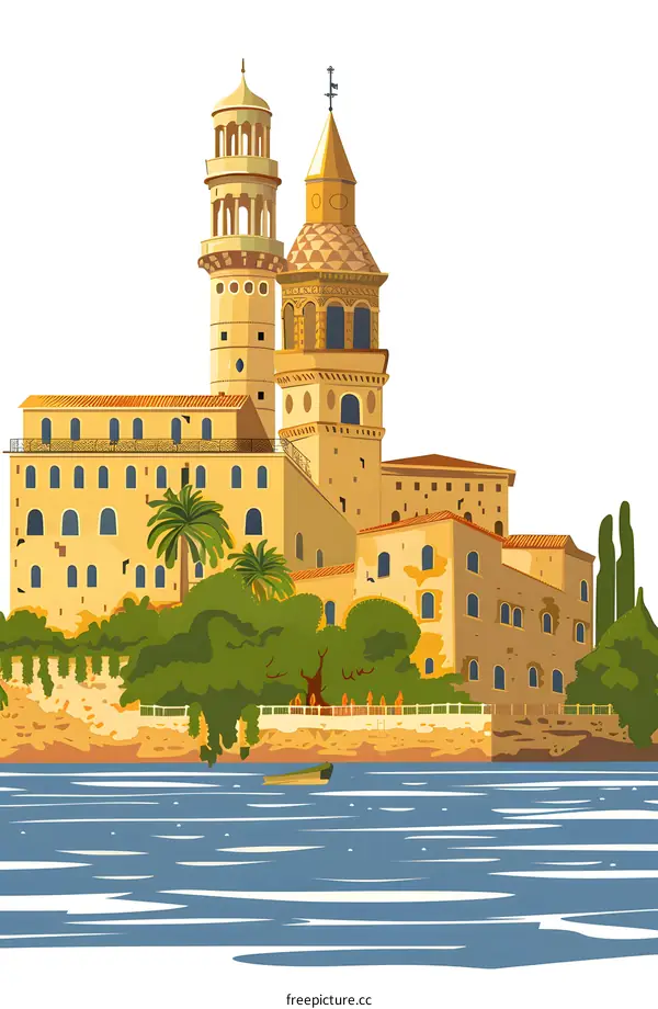 Illustration of a Mediterranean Town with a Large Stone Building on the Sea Shore