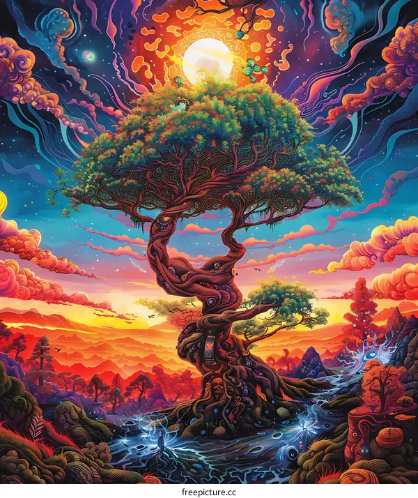 Psychedelic Tree of Life with Sun and Stars in the Sky