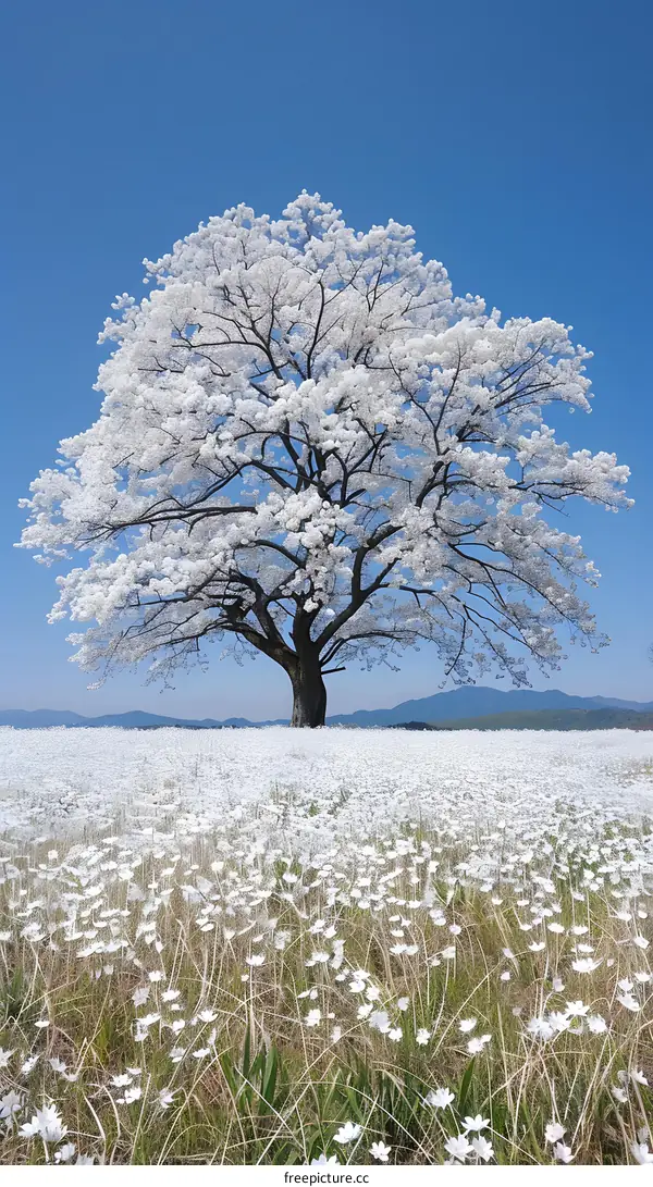 A large cherry tree with white flowers in a field of white flowers
