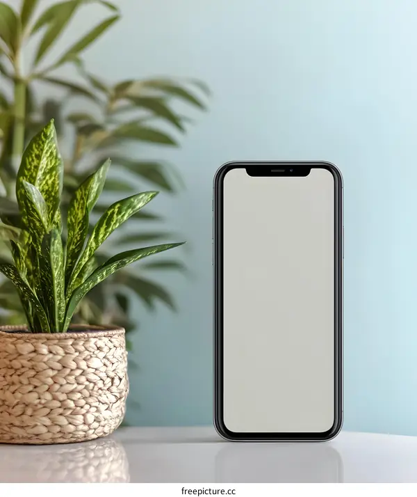 Mockup of Smartphone with Blank Screen on White Table