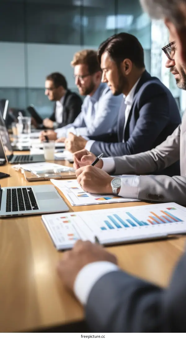 Business meeting of five men in suits