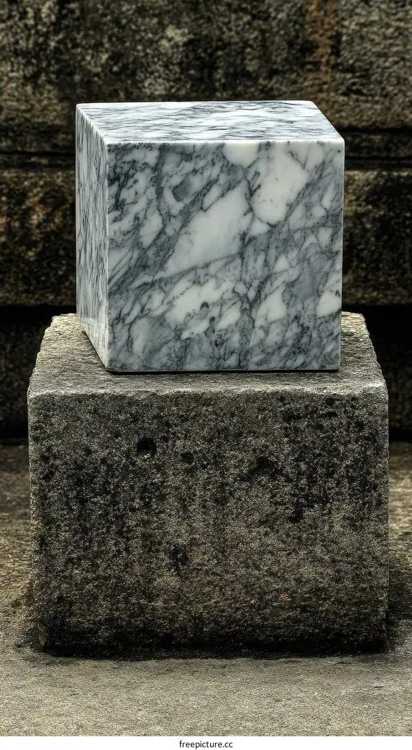 Abstract Marble Cube Sculpture on Stone Pedestal
