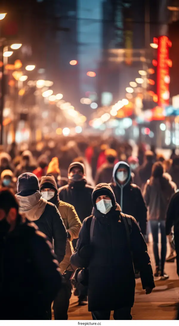 Crowded city street with people wearing masks during COVID-19 pandemic