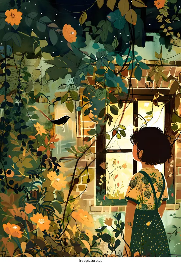 Girl Looking Out Window at Garden Illustration
