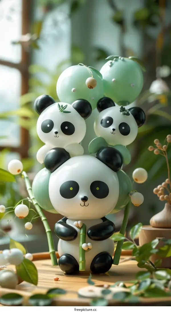 A cute cartoon panda family of four with green balloon heads
