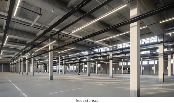 Empty Industrial Building With Concrete Pillars And Fluorescent Lights