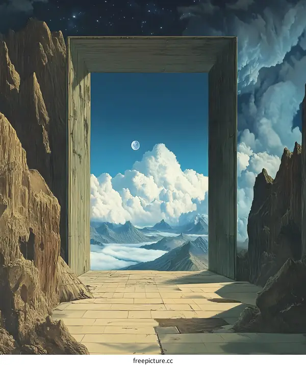Surreal Landscape with Mountain View Through a Doorway