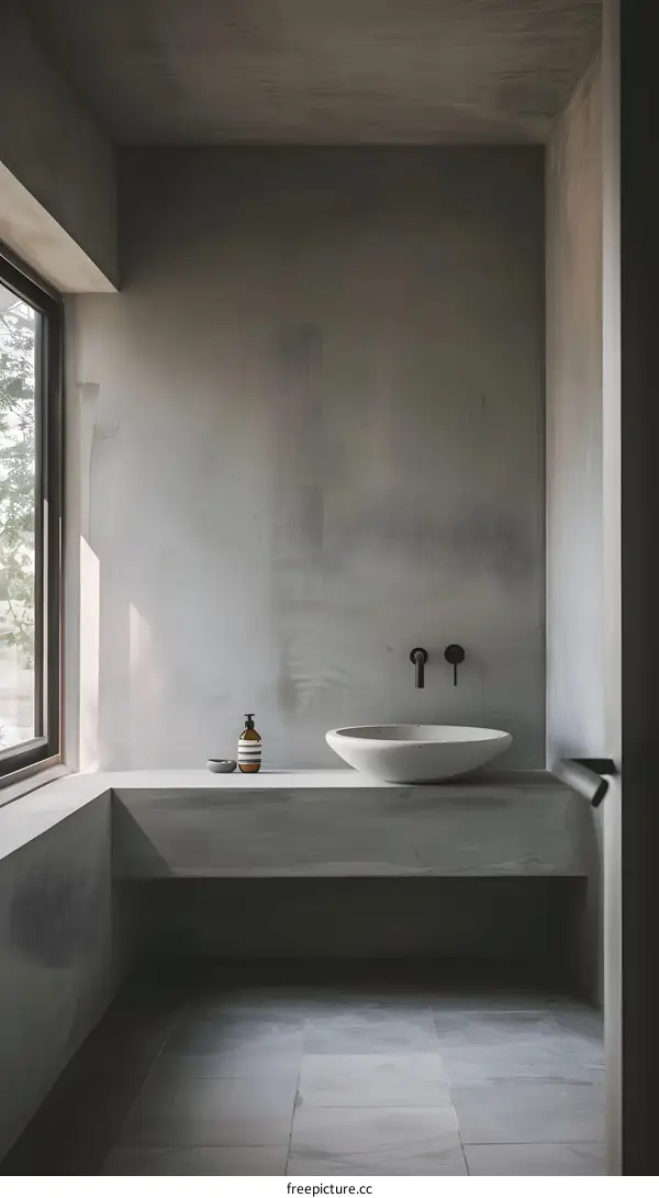 Minimalist Bathroom with Concrete Sink and Window