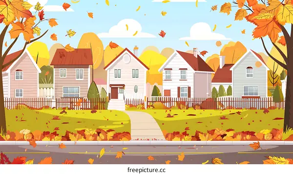 Autumn Landscape with Houses and Falling Leaves