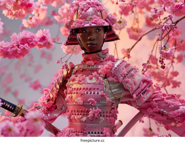 Black Female Samurai in Pink Armor With Blossoming Cherry Tree