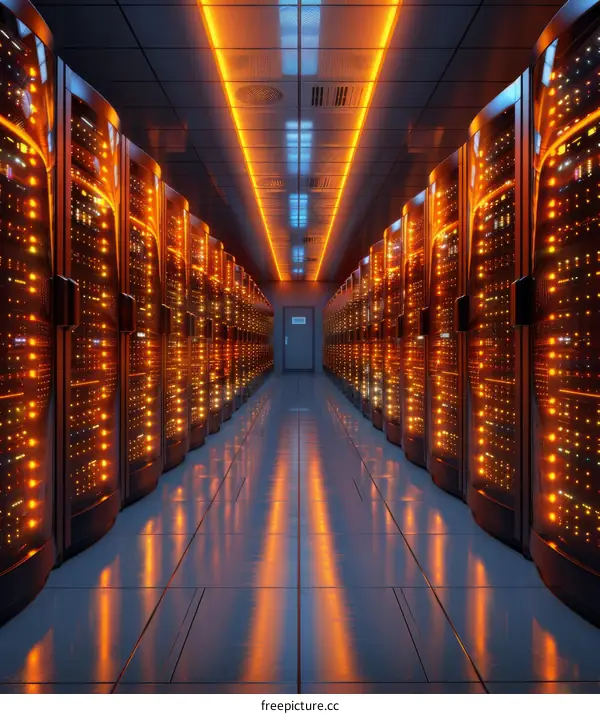 Server room with rows of server racks containing multiple server blades