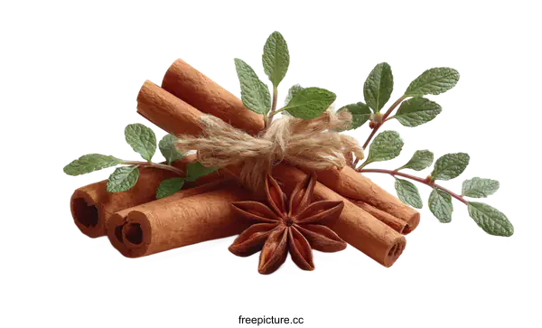 [Transparent Background PNG]Cinnamon Sticks and Star Anise with Mint