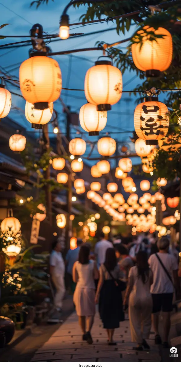 People walking under illuminated paper lanterns at night in Japan