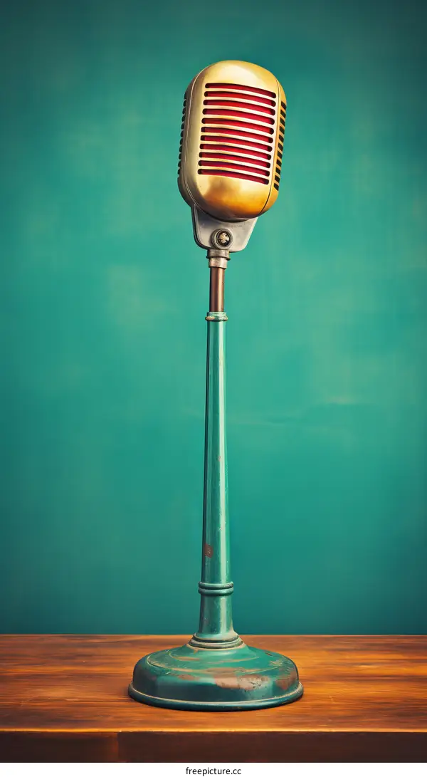 Retro microphone on a wooden table with a green background