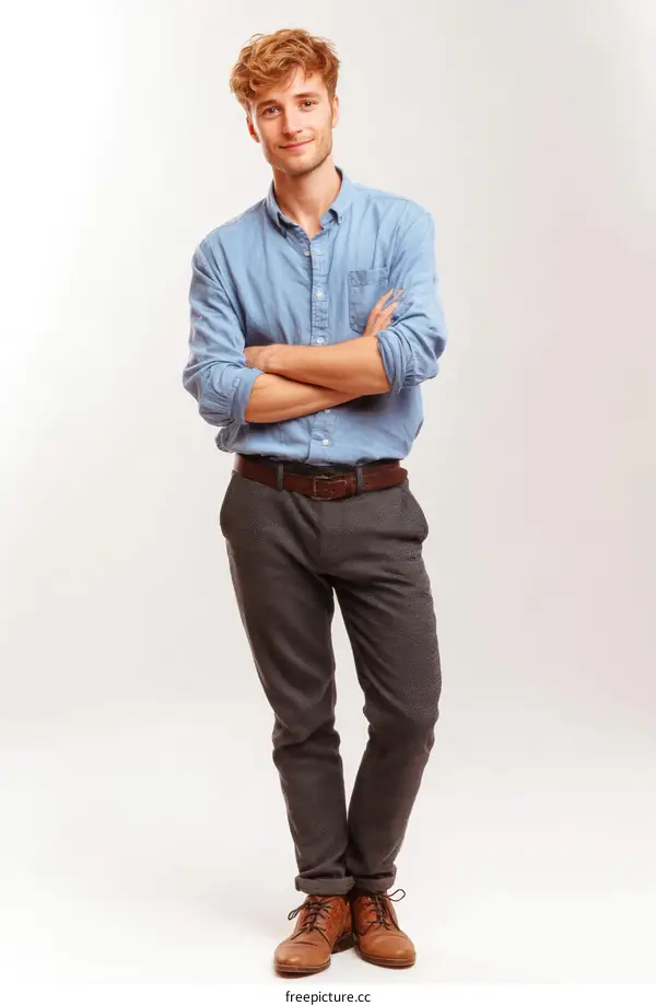Casual Man in Light Blue Shirt and Gray Trousers