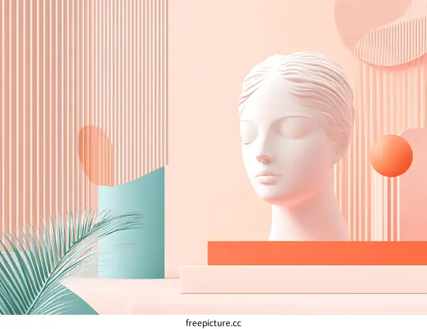 Minimalist Abstract Sculpture with Geometric Shapes and a Palm Leaf