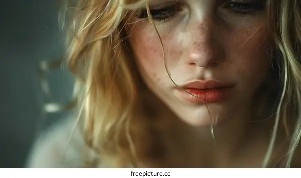 Portrait of a young woman with freckles and blonde hair